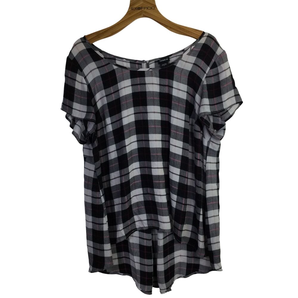 Torrid Womens Georgette Hi-Lo Blouse Short Sleeves Sheer Plaid Multi Size 2X